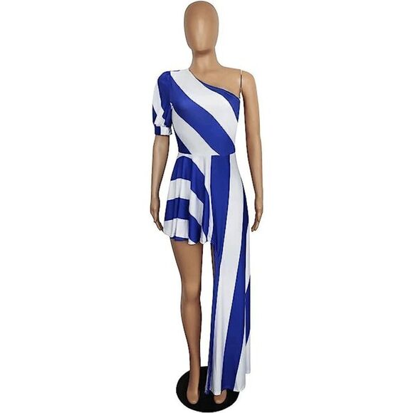 Striped One Shoulder Asymmetrical High Low Ruffle Peplum Top Tunic NEW SIZE S - Picture 3 of 16